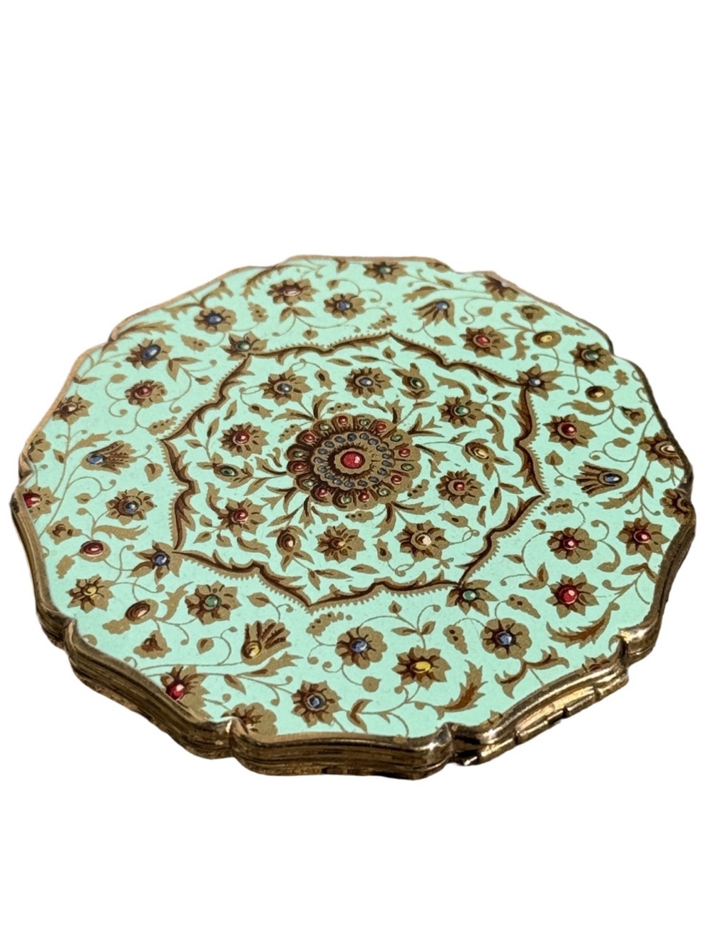 Vintage Mid Century Stratton Teal Mint Round Scalloped Floral Compact